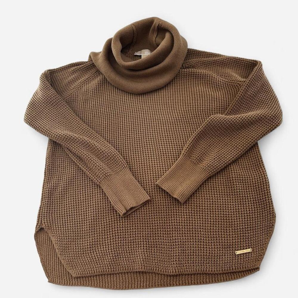 MICHAEL KORS Camel Tan Waffle Knit Cowl Neck Sweater - Size Small